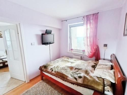 een slaapkamer met een bed en een raam bij Apartament na Srebrnej in Olsztyn