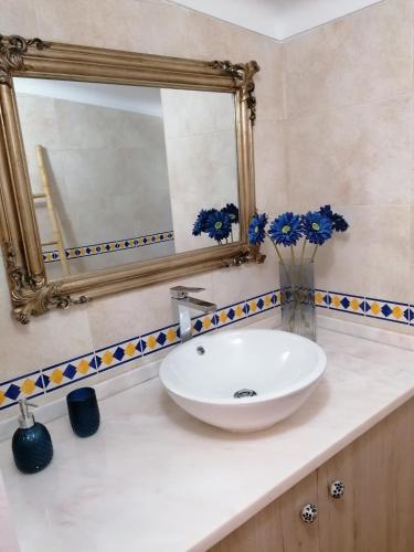 a bathroom with a white sink and a mirror at A casa da Carolina II in Mértola