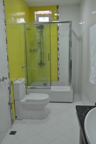 a bathroom with a shower and a toilet and a sink at Vilesh Palace Hotel in Masallı