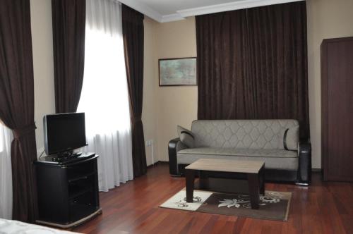 a living room with a couch and a tv at Vilesh Palace Hotel in Masallı