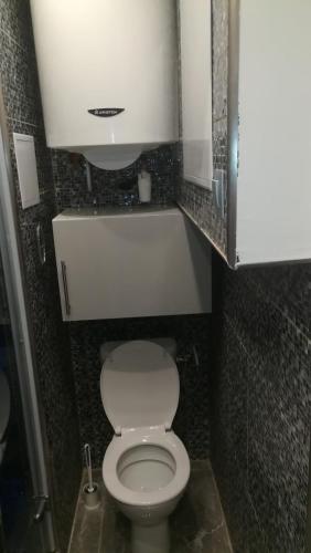 a small bathroom with a white toilet in a stall at Studette avec SPA & Jacuzzi in Sète