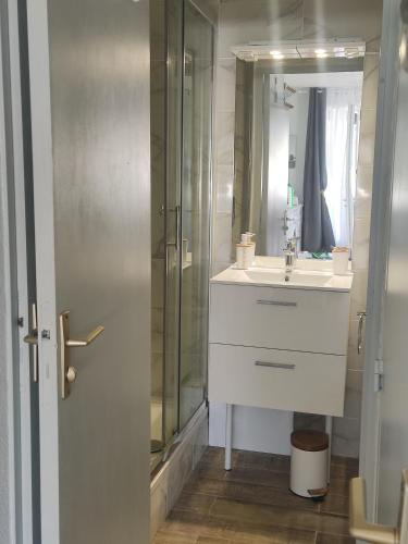 une salle de bain avec un lavabo blanc et une douche dans l'établissement Appartement JADE dans résidence proche Tennis/ centre naturiste, au Cap d'Agde