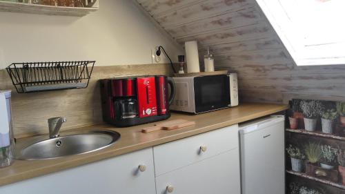 a kitchen counter with a sink and a microwave at T.H.NY Village Inn Cottage in Tihany