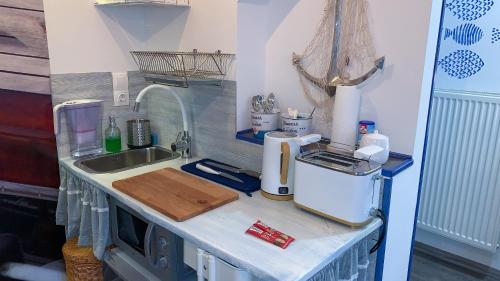 a kitchen with a counter with a sink and a microwave at T.H.NY Village Inn Cottage in Tihany