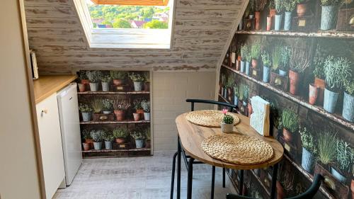 a room with two chairs and a table with plants at T.H.NY Village Inn Cottage in Tihany