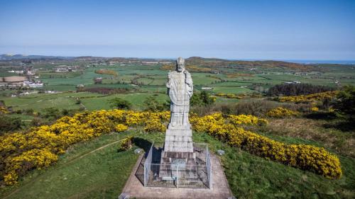 a statue in the middle of a field of flowers at The Heights & Hollows Farmhouse, Saul, Downpatrick, SLEEPS 14 in Downpatrick