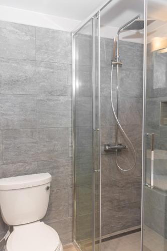 a bathroom with a toilet and a shower at Tradewinds Apartments Simpson Bay in Simpson Bay