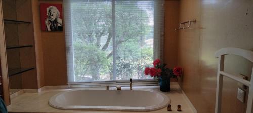 un bagno con ampia vasca e finestra di Villa d'exception piscine & domaine privé Mougins a Mougins