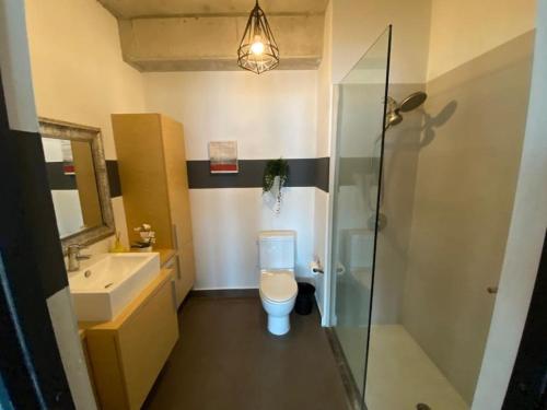 a bathroom with a toilet and a sink and a shower at KASA Skyview Luxury Loft Style 15th floor Condo in San Juan