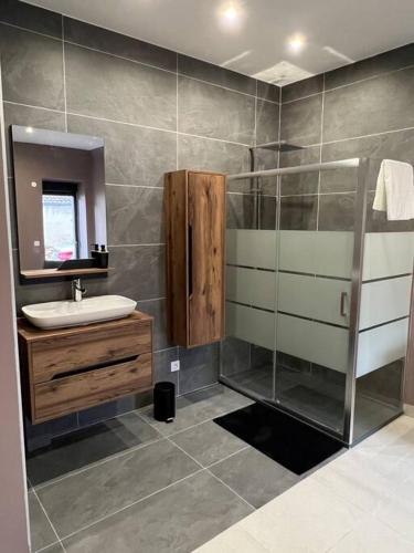 une salle de bain avec un lavabo et une douche dans l'établissement Belle appartement avec parking gratuit, à Blanzy