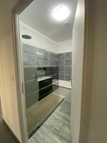 une salle de bain avec une douche, un lavabo et un miroir dans l'établissement Magnolia, à Rivières