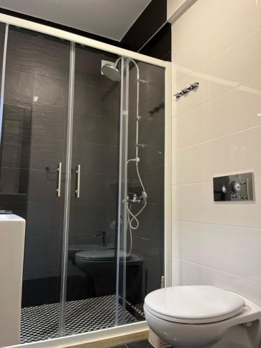a bathroom with a shower with a toilet and a sink at Bella Vista B&B in Ulcinj