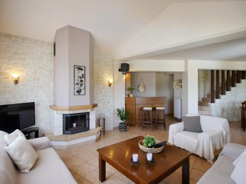 a living room with a couch and a fireplace at Villa Metapothia Gavalochori Crete in Gavalochori