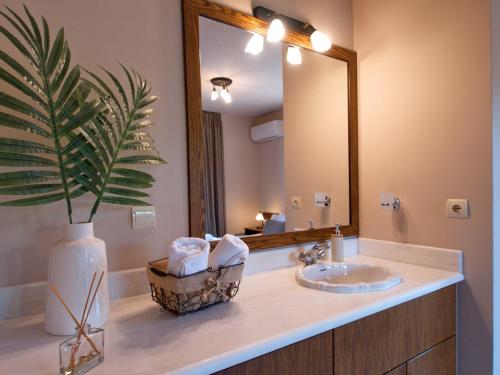 La salle de bains est pourvue d'un lavabo et d'un grand miroir. dans l'établissement Villa Metapothia Gavalochori Crete, à Gavalochori