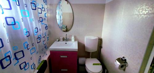 uma casa de banho com um lavatório, um WC e um espelho. em Between Parks - King Bed - Central - Football field em Bucareste