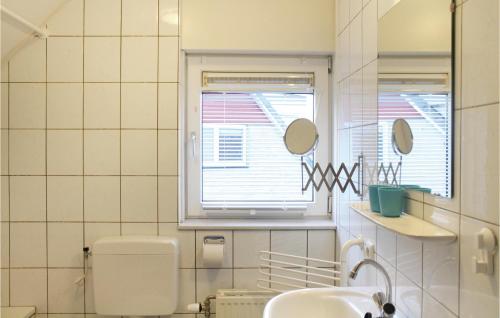 een badkamer met een toilet, een raam en een wastafel bij Porta Isola - Villa Water 105 in Stevensweert