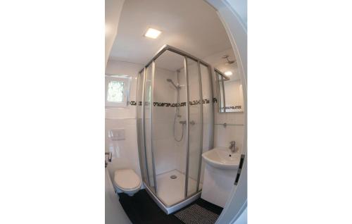 a bathroom with a shower and a toilet and a sink at Pet Friendly Home In Klein Nemerow With Kitchen in Klein Nemerow