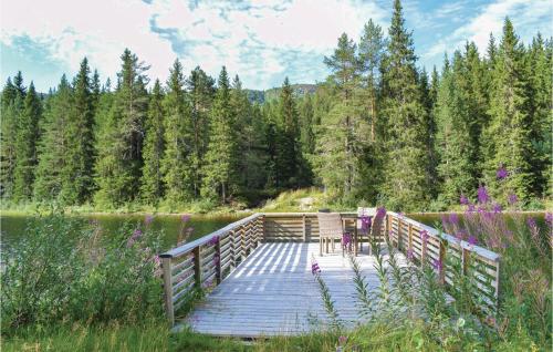 a wooden bridge over a lake with two chairs on it at Sundflathytta in Edlandsgrend