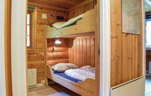 a bedroom with bunk beds in a wooden cabin at Sundflathytta in Edlandsgrend