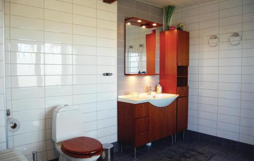 a bathroom with a sink and a toilet and a mirror at Awesome Home In Ystad With 2 Bedrooms And Wifi in Svarte