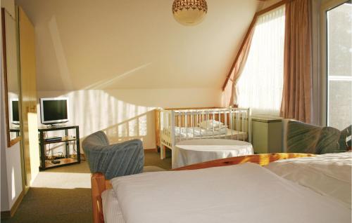 Hausen的住宿－Amazing Home In Oberaula Ot Hausen With Wifi，一间卧室设有一张床,阳台配有电视。