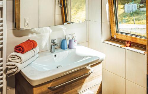 a bathroom with a sink and a window at Schoenes Ferienhaus Zillertal in Hart im Zillertal