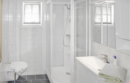 a white bathroom with a shower and a sink at Awesome Home In Hundeidvik With 4 Bedrooms And Internet in Hundeidvik