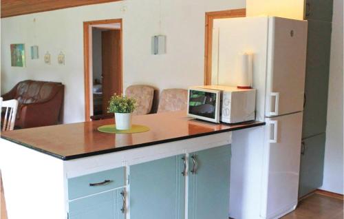 a kitchen with a counter with a microwave and a refrigerator at 2 Bedroom Awesome Home In Mönsterås in Mönsterås