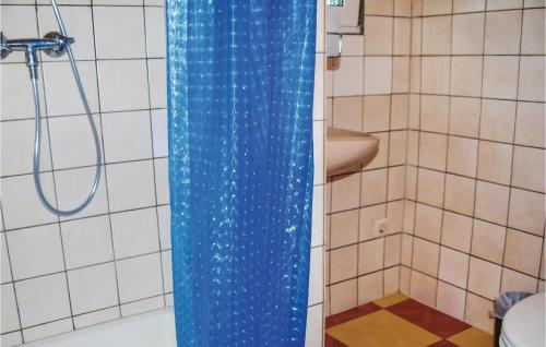 La salle de bains est pourvue d'une douche avec un rideau de douche bleu. dans l'établissement Nice Home In Usedom With Kitchen, à Wilhelmshof