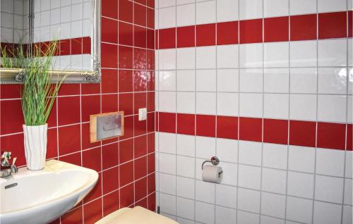 1 Bedroom Awesome Home In Vimmerby في فيمربي: حمام من البلاط الاحمر والابيض مع مرحاض ومغسلة
