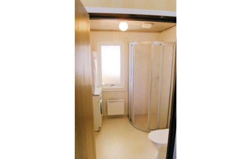 baño pequeño con ducha y ventana en Nice Home In Jmj With House Sea View, en Torhamn