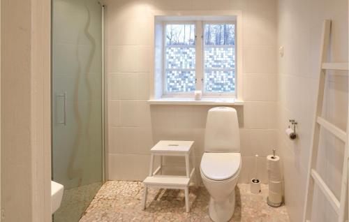 a bathroom with a toilet and a window at Gorgeous Home In stra Snnarslv With Kitchen in Östra Sönnarslöv