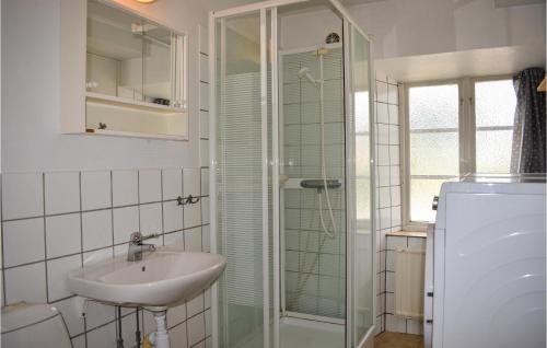 トメリラにあるGorgeous Home In Tomelilla With Wifiのバスルーム(洗面台、ガラス張りのシャワー付)