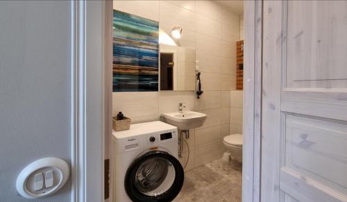 a bathroom with a washing machine and a sink at Aia Center Apartment with sauna in Pärnu