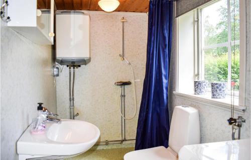 RörvikにあるCozy Home In Rrvik With Lake Viewのバスルーム(洗面台、トイレ付)、窓が備わります。