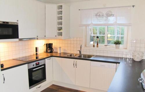 uma cozinha com armários brancos, um lavatório e uma janela em Awesome Home In rjng With Kitchen em Östra Viker