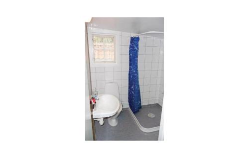 a bathroom with a toilet and a blue shower curtain at Awesome Home In Ystad With 2 Bedrooms in Ystad