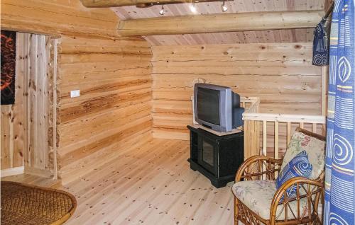 a living room with a tv and a stove at Skarsnuten in Hemsedal