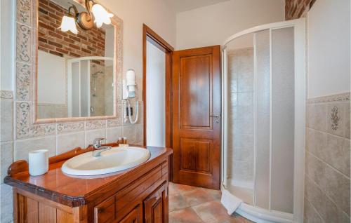 La salle de bains est pourvue d'un lavabo, d'une douche et d'un miroir. dans l'établissement Nice Home In Marsaglia Cn With Jacuzzi, à Belvedere Langhe