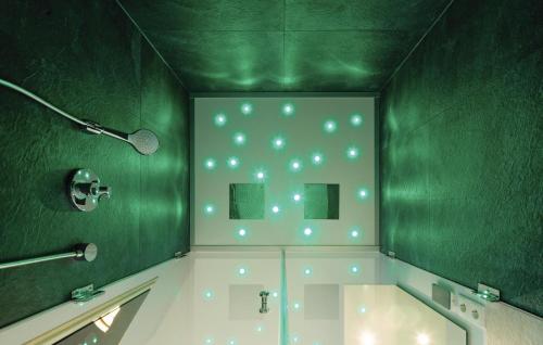 プリヴァルにあるPromenadenvillaの緑豊かなバスルーム(壁に照明付きのバスタブ付)