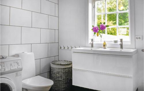 a bathroom with a sink and a toilet and a window at Klubben in Skodje