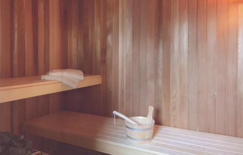 a sauna with a bucket and towels on a shelf at Gorgeous Home In Dagebll With Wifi in Dagebüll