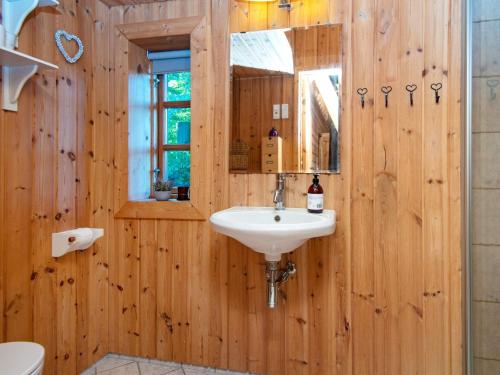 drewniana łazienka z umywalką i lustrem w obiekcie Holiday home Børkop LV w mieście Børkop