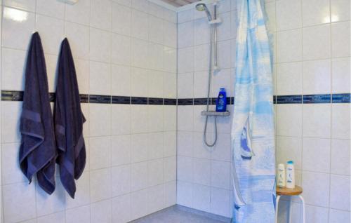 a bathroom with a shower with blue and white tiles at Stunning Home In Vstervik With Kitchen in Västervik