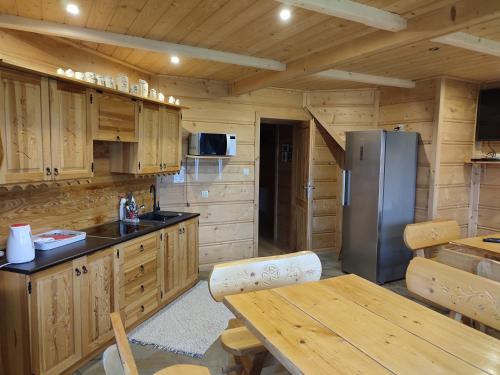 a kitchen with a refrigerator and a table in a cabin at Dom Cypryda in Chochołów