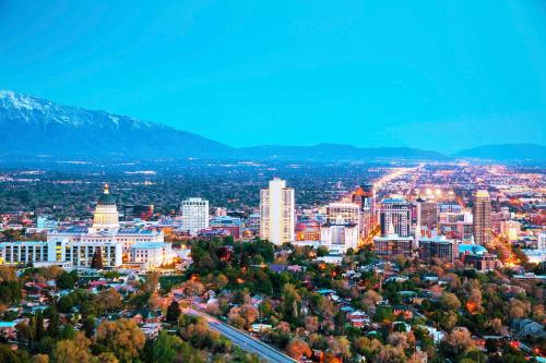 an aerial view of a city with trees and buildings at Kimpton Hotel Monaco Salt Lake City by IHG in Salt Lake City