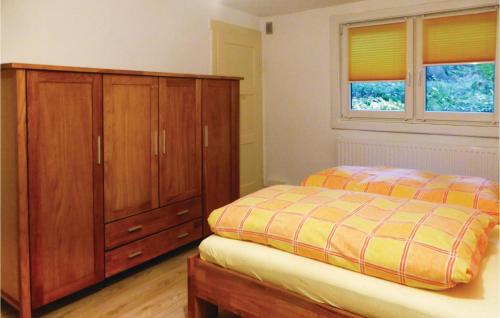 um quarto com uma cama e um armário de madeira em Awesome Home In Crinitzberg With Kitchen em Bärenwalde