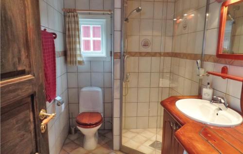 a bathroom with a toilet and a sink and a shower at Havtunet in Trolldalen