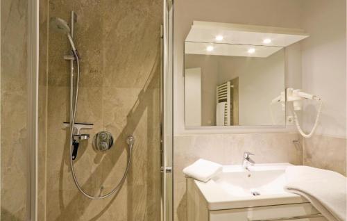 トラフェミュンデにあるPromenadenvillaのバスルーム(シャワー、シンク、鏡付)