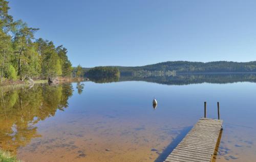 a view of a lake with a wooden pier at Holiday Home Tällås Eksjö in Hult
